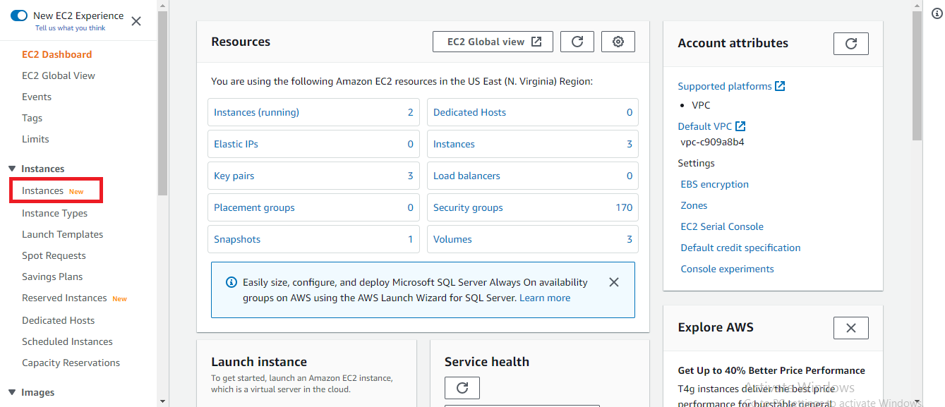 Instancs Dashboard in EC2 - Thinkcloudly