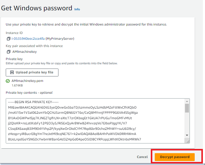 Password decryption for EC2 instance